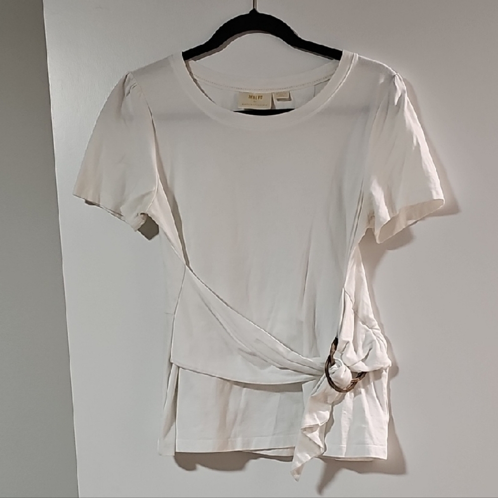 Anthropologie White Short Sleeve Top with Side Tie
